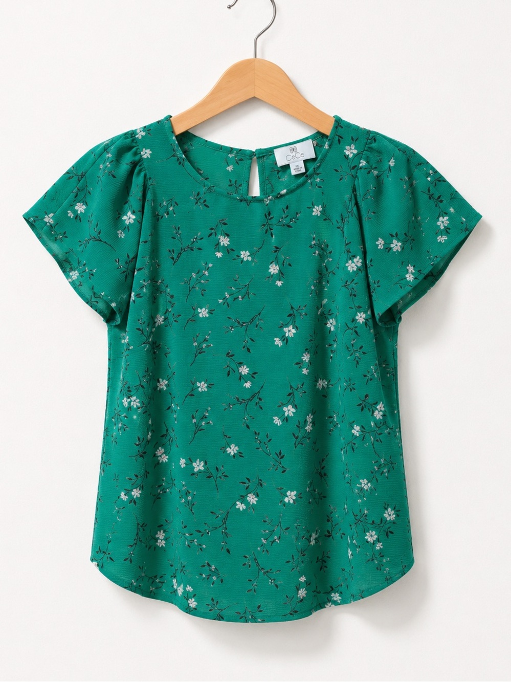 CeCe Emerald Green Lightweight Flowy Floral Round Neck Flutter Sleeve Blouse